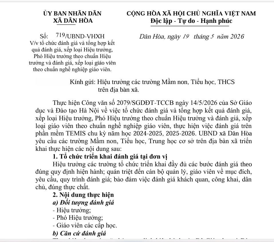 Công văn 719-Hướng dẫn đánh giá chuân HT, PHT, GV nghề nghiệp GV